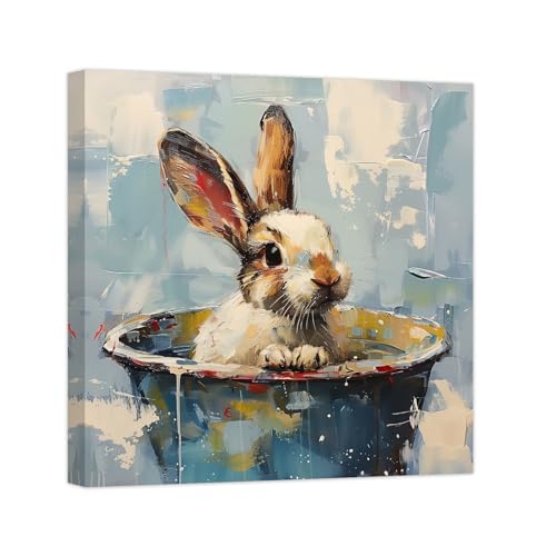 ZXHYWYM Badezimmer Häschen Wandbild Baby Kaninchen Poster Badezimmer Schild Leinwanddruck niedliches Tier Poster Ostern Wanddekoration mit Rahmen (A (70.00 x 70.00 cms)) von ZXHYWYM