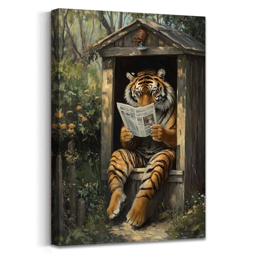 ZXHYWYM Badezimmerbilder mit Tieren Tiger liest Zeitung Poster Toilettenhäuschen Gemälde Wald Wildtiere Leinwanddrucke rustikales Kabinenbild Toilettendekor Rahmen (30L x 45B cm) von ZXHYWYM
