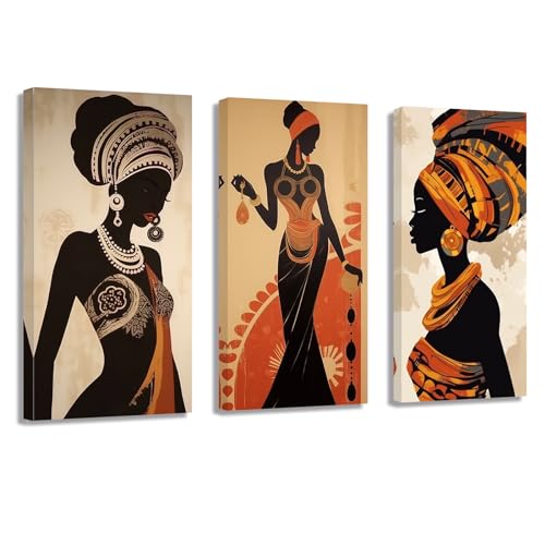 ZXHYWYM Bilder von afrikanischen Frauen 3 teilig traditionelles schwarzes Mädchen Porträtbild Afrika Stammes ethnischer alter Stamm Malerei Vintage Leinwand (Bild-3, (25.00 x 50.00 cms x 3 Teilig)) von ZXHYWYM