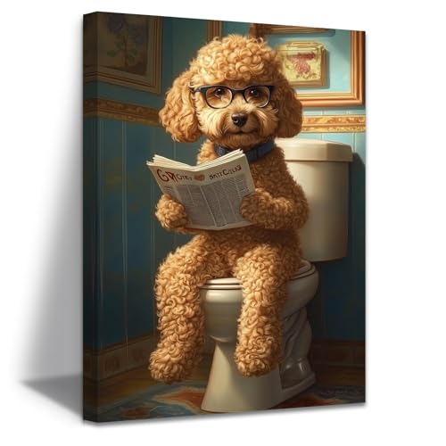ZXHYWYM Hunde Badezimmerbilder Teddy liest Zeitung Poster lustige Hundebilder auf der Toilette humorvolles Tierbild auf Leinwand für Toilettendekor gerahmt (Braun (60L x 40B cm)) von ZXHYWYM