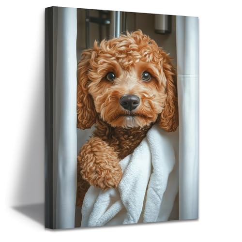 ZXHYWYM Hunde Badezimmerbilder Teddy liest Zeitung Poster lustige Hundebilder auf der Toilette humorvolles Tierbild auf Leinwand für Toilettendekor gerahmt (Weiß (60L x 40B cm)) von ZXHYWYM
