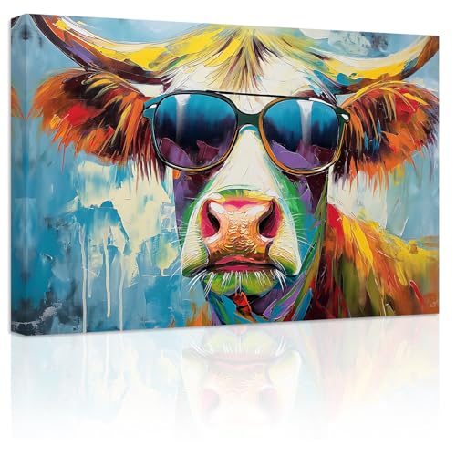 ZXHYWYM Kuh Leinwandbilder abstrakte Kuh mit Brille Posterdrucke bunte Tierbilder für Landhaus Küche Badezimmer Dekor Gerahmt (Bild-1, (40.00 x 60.00 cms)) von ZXHYWYM