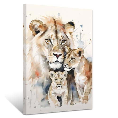ZXHYWYM Löwen Leinwandbilder Löwenfamilien Bilddrucke Löwen und Löwin Gemälde Aquarell Tiere Kunstwerke Heimdekoration Gerahmt (Bild-1, (30.00 x 45.00 cms)) von ZXHYWYM