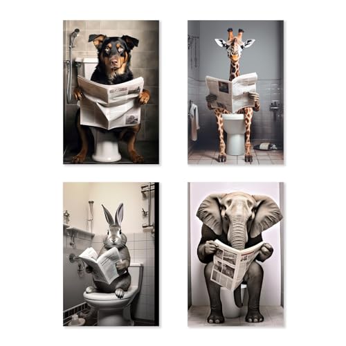 ZXHYWYM Lustige Badezimmer Leinwanddrucke 4 teilig Hund Giraffe Kaninchen Elefant Poster Tiere auf der Toilette Bild für Humor Waschraum Toilettendekoration (C Kein Rahmen (50x75cmx4)) von ZXHYWYM