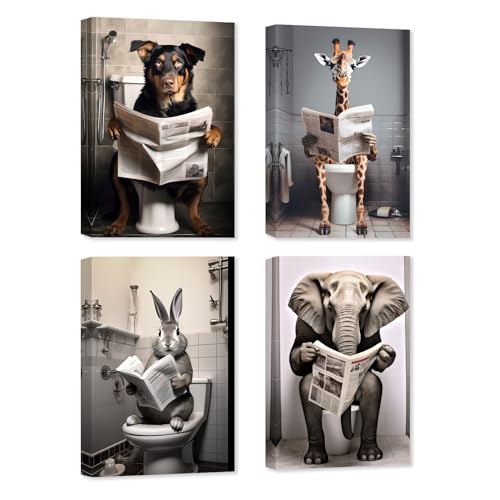 ZXHYWYM Lustige Badezimmer Leinwanddrucke 4 teilig Hund Giraffe Kaninchen Elefant Poster Tiere auf der Toilette Bild für Humor Waschraum Toilettendekoration (C mit Rahmen (20x30cmx4)) von ZXHYWYM