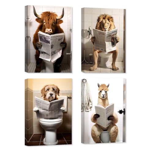 ZXHYWYM Lustige Badezimmer Leinwanddrucke 4 teiliges Highland Kuh Löwe Hund Alpaka Poster Tiere auf der Toilette Bild für Humor Waschraum Toiletten Dekoration(A mit Rahmen (20x30cmx4)) von ZXHYWYM