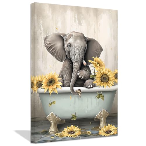 ZXHYWYM Lustige Badezimmer Tierbilder süßer Elefant in der Badewanne mit Sonnenblumen Poster Leinwanddrucke Toiletten Kunstwerk Badezimmer Dekoration (Bild-2, (40.00 x 60.00 cms)) von ZXHYWYM