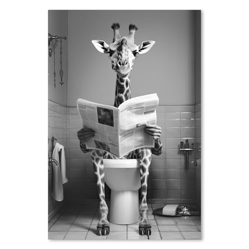 ZXHYWYM Lustige Badezimmerbilder niedliche Giraffe die Zeitung auf der Toilette liest Poster schwarz weiße Tier Leinwanddrucke für rustikale Toilette gerahmt(Bild-3, (40.00 x 60.00 cms)) von ZXHYWYM