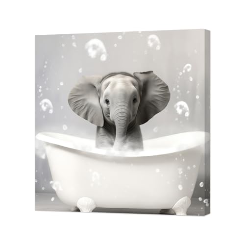 ZXHYWYM Lustige Elefanten Badezimmer Wandbilder Elefant der in der Badewanne badet Poster niedliche Tier Leinwanddrucke für Toilette und Toilette mit Rahmen (B (30.00 x 30.00 cms)) von ZXHYWYM