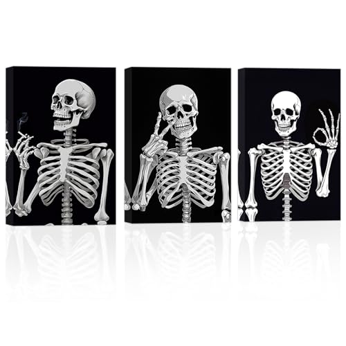 ZXHYWYM Lustige Totenkopf Leinwandbilder 3 teilig Schwarz Weiß Skelett Poster Drucke abstrakte Horrorgemälde Gothic Halloween Wanddekoration (Bild-1, (28.00 x 35.00 cms x 3 Teilig)) von ZXHYWYM