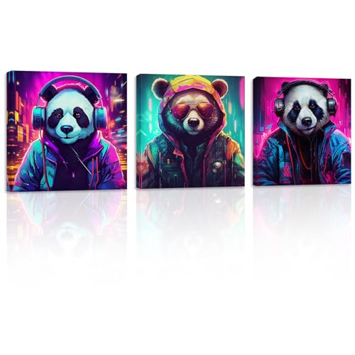 ZXHYWYM Panda Leinwandbilder 3 teilig lustiger DJ Panda mit Kopfhörern Bild bunte abstrakte Tiere Gemälde Drucke für Jungenzimmer Gerahmt (Bild-1, (30.00 x 30.00 cms x 3 Teilig)) von ZXHYWYM