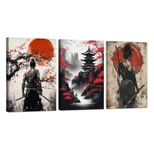 ZXHYWYM Samurai Wanddekoration 3 teilig inspirierendes Bushido Poster asiatischer Krieger Druck auf Leinwand rote und schwarze japanische Kulturmalerei mit Rahmen (A (50x70cmx3)) von ZXHYWYM