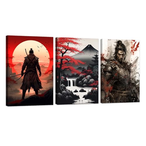 ZXHYWYM Samurai Wanddekoration 3 teilig inspirierendes Bushido Poster asiatischer Krieger Druck auf Leinwand rote und schwarze japanische Kulturmalerei mit Rahmen (B (30x40cmx3)) von ZXHYWYM