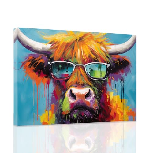 ZXHYWYM Tiere mit Brille Wandbild Bauernhoftier Leinwanddruck buntes Kuhgemälde lustiges Hochlandkuh Poster Kinderzimmer Dekoration mit Rahmen (B (40.00 x 60.00 cms)) von ZXHYWYM