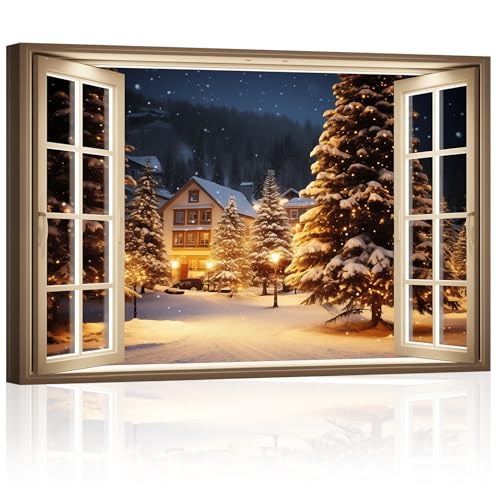 ZXHYWYM Weihnachts Leinwandbilder Winter Schnee Szene Bilddrucke Neujahr Fensteransicht Poster Kunstwerk Heimdekoration gespannt und Gerahmt (Bild-2, (60.00 x 90.00 cms)) von ZXHYWYM