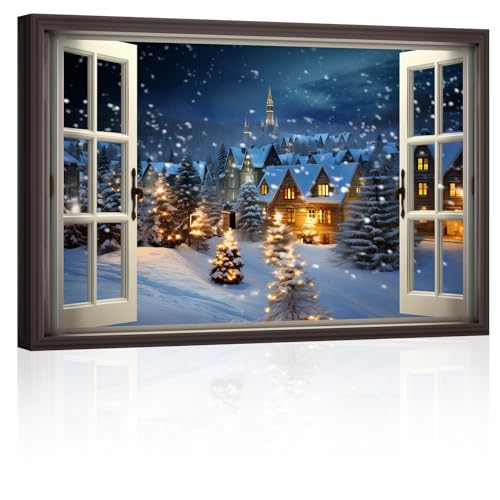 ZXHYWYM Weihnachts Leinwandbilder Winter Schnee Szene Bilddrucke Neujahr Fensteransicht Poster Kunstwerk Heimdekoration gespannt und Gerahmt (Bild-3, (30.00 x 45.00 cms)) von ZXHYWYM