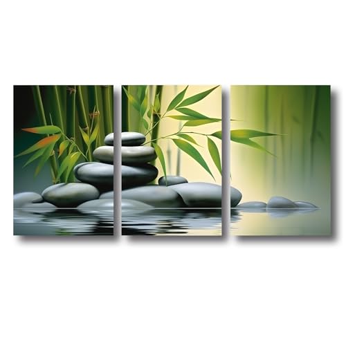 ZXHYWYM Zen Badezimmerbilder 3 teilig Steingrüner Bambus auf Wasser Bilddrucke spirituelles entspannendes Leinwandposter Spa Kunstwerk Meditation Raumdekoration (3, (40.00 x 60.00 cms x 3 Teilig)) von ZXHYWYM
