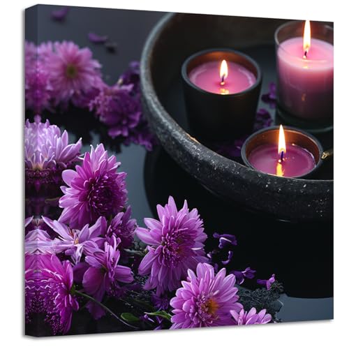 ZXHYWYM Zen Bilder lila Lotus mit Kerze Bilddrucke Meditation Leinwandgemälde Spa Badezimmer Kunstwerk Yoga spirituelle Wanddekoration Gerahmt (Bild-4, (45.00 x 45.00 cms)) von ZXHYWYM