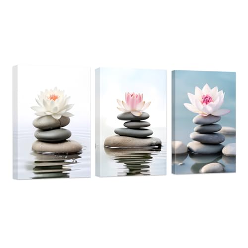 ZXHYWYM Zen Leinwanddrucke 3 teilig Lotusblumen Wandbild Spa Steine Wanddekoration Zen Wassergemälde für Badezimmer Meditation Yoga Zimmer Büro mit Rahmen (B (28x35cmx3)) von ZXHYWYM