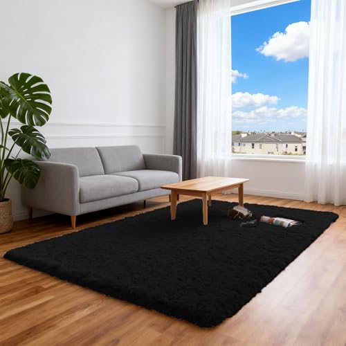 ZXIAOHUI Teppich Wohnzimmer 145 x 400 cm Flauschige Oberfläche, Pflegeleicht Und Robust, Shaggy Teppich Hochflor Flauschiger Fürs Wohnzimmer, Kinderzimmer, Schlafzimmer, Schwarz von ZXIAOHUI