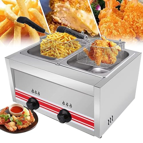 Gasfritteuse, gewerbliche Fritteuse, gewerbliche Fritteuse aus Stahl mit spritzwassergeschütztem Deckel und einstellbarer Temperatur zum Frittieren und Kochen Lebensmitteln Doublecylinder10l+10l von ZXINXIN