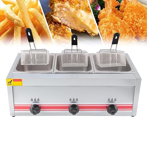 Professionelle kommerzielle Gasfritteuse aus Edelstahl, einstellbare Feuerkraft, Doppelfritteuse mit großem Fassungsvermögen, mit Körben und Deckel, einfache Reinigung Triplecylinder10l+10l+10l von ZXINXIN