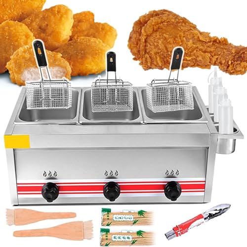 ZXINXIN Gasfritteuse aus Edelstahl, gewerbliche Korbfritteuse mit Deckel, Fritteuse mit großer Kapazität zum Frittieren von Lebensmitteln, gebratenes Hühnchen im Haushalt Triplecylinder10l+10l+10l von ZXINXIN
