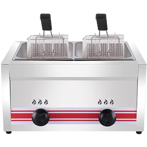 ZXINXIN Professionelle kommerzielle Gasfritteuse, LPG-Friteuse aus Edelstahl, einstellbare Feuerkraft, mit Körben und Deckel, einfache Reinigung Doublecylinder10l+10l von ZXINXIN