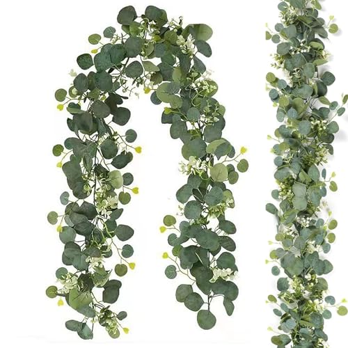 Eukalyptus Girlande, 180cm Eukalyptus Künstlich, Simulation Eukalyptus Deko, Apfelblatt Rebe Blumenranken Künstlich, Eukalyptus Kranz Hochzeitsfeier Grüne Pflanzendekoration von ZXJLWR