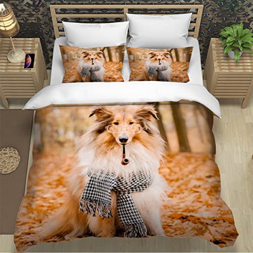 Bettbezüg 135x200 Collie 3D Motiv Bettwäsche-Sets kuschelig Leicht Mikrofaser 3 Teilig Haustier Bettwäsche versteckter Reißverschluss mit 2 Kissenbezug 80x80cm für Jungen Mädchen von ZXLLO