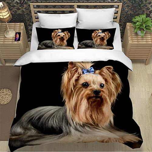 Bettbezüg 135x200 Hund 3D Motiv Bettwäsche-Sets kuschelig Leicht Mikrofaser 3 Teilig Yorkshire-Terrier Bettwäsche versteckter Reißverschluss mit 2 Kissenbezug 80x80cm für Jungen Mädchen von ZXLLO