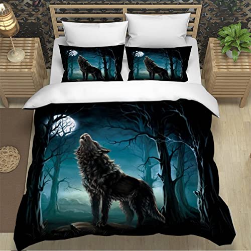 ZXLLO Bettbezüg 135x200 Wolf 3D Motiv Bettwäsche-Sets kuschelig Leicht Mikrofaser 3 Teilig Mond Bettwäsche versteckter Reißverschluss mit 2 Kissenbezug 80x80cm für Jungen Mädchen von ZXLLO