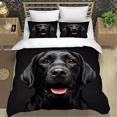 Bettbezüg 155x220 Labrador Retriever 3d motiv Bettwäsche-Sets kuschelig Leicht Mikrofaser 3 Teilig Schwarzer Hund Bettwäsche versteckter Reißverschluss mit 2 Kissenbezug 80x80cm für Jungen Mädchen von ZXLLO