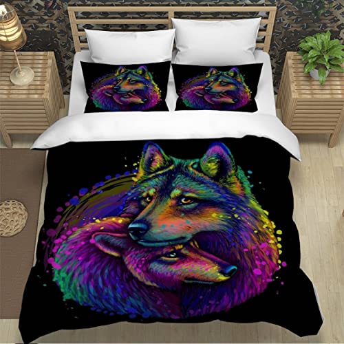 ZXLLO Bettbezüg 135x200 Wolf 3D Motiv Bettwäsche-Sets kuschelig Leicht Mikrofaser 3 Teilig Schwarz Bettwäsche versteckter Reißverschluss mit 2 Kissenbezug 80x80cm für Jungen Mädchen von ZXLLO