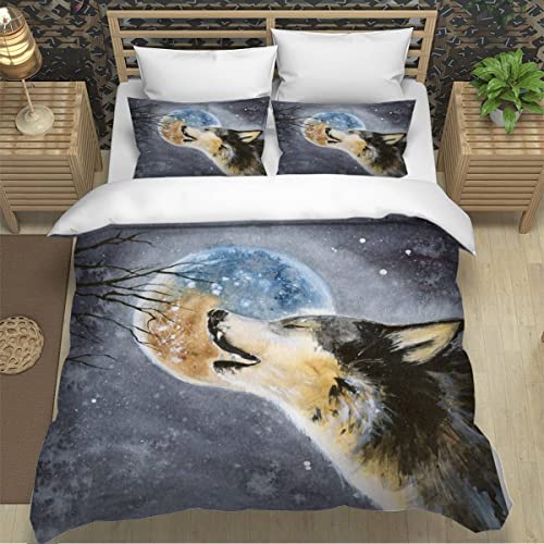 ZXLLO Bettbezüg 155x220 Wolf 3D Motiv Bettwäsche-Sets kuschelig Leicht Mikrofaser 3 Teilig Mond Bettwäsche versteckter Reißverschluss mit 2 Kissenbezug 80x80cm für Jungen Mädchen von ZXLLO