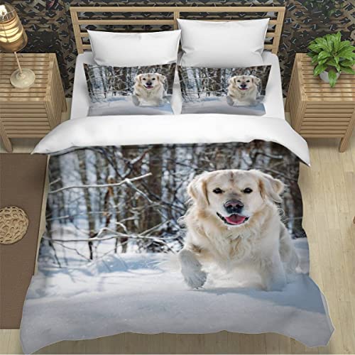 ZXLLO Bettwäsche 135x200 Hund 3D Druck Bettwäsche-Sets kuschelig Leicht Mikrofaser 3 Teilig Golden Retriever Bettbezüge versteckter Reißverschluss mit 2 Kissenbezug 80x80cm für Kinder Erwachsene von ZXLLO