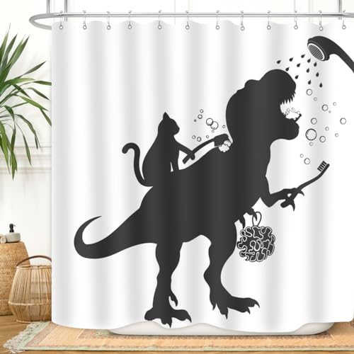 ZXMBF Katze Dinosaurier Duschvorhang Lustiger Cartoon Katze Dino Baden für Kinder Jungen Trex Silhouette Schatten Schwarz Weiß Design Kunstwerk Badezimmer Dekor Wasserdichter Stoff 183 x 183 cm mit von ZXMBF