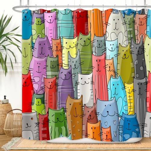 ZXMBF Katzen-Duschvorhang, buntes Kätzchen, Cartoon-Kätzchen für Kinder, Katzenliebhaber, lustiges Tier, schöne Mussy, wasserdichter Stoff, Badezimmer-Dekor-Set, 183x183 cm, Kunststoffhaken, 12 Stück von ZXMBF