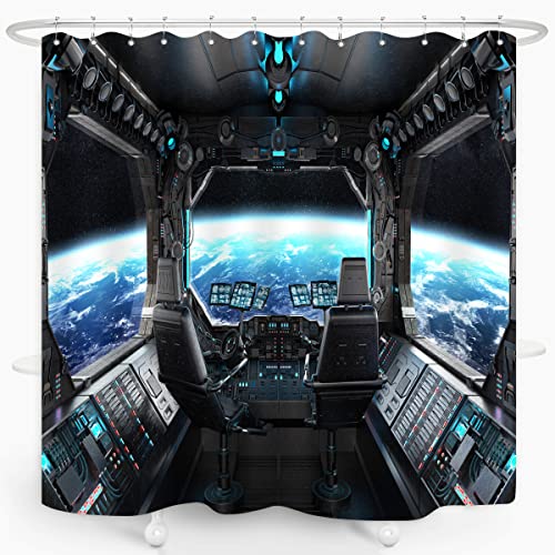 ZXMBF Raumschiff Interior Duschvorhang Planet Erde Galaxy Futuristische Wissenschaft Raumschiff Kabine für Kinder Jungen schwarz Home Badezimmer Dekor wasserdichter Stoff 183x183 cm (LxB) mit 12 Haken von ZXMBF