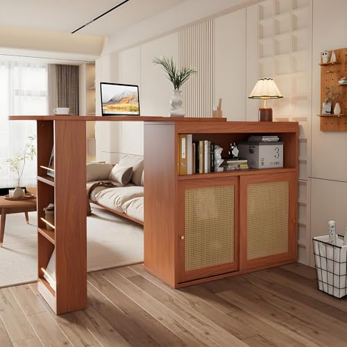 Ausziehbarer Bartisch, Bar Tisch Esstisch Anrichte mit 2 Rattan Türen Stauraum, Stehtisch Bistrotisch Theke Küchentisch Hochtisch Kücheninsel Küchentisch klein Hausbar 138-193x39x104cm von ZXSYYDS