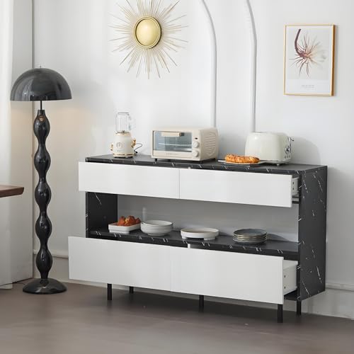 Modernes Sideboard mit 4 Schubladen in Weiß, LED-Beleuchtung, offenem Stauraum, 4 Schubladen, stabilem Metallrahmen und Kippschutz – Für Wohnzimmer, Esszimmer, Flur und Schlafzimmer Modernes Sideboard mit 4 Schubladen in Weiß, LED-Beleuchtung, offenem Stauraum, 4 Schubladen, stabilem Metallrahmen und Kippschutz – Für Wohnzimmer, Esszimmer, Flur und Schlafzimmer von ZXSYYDS