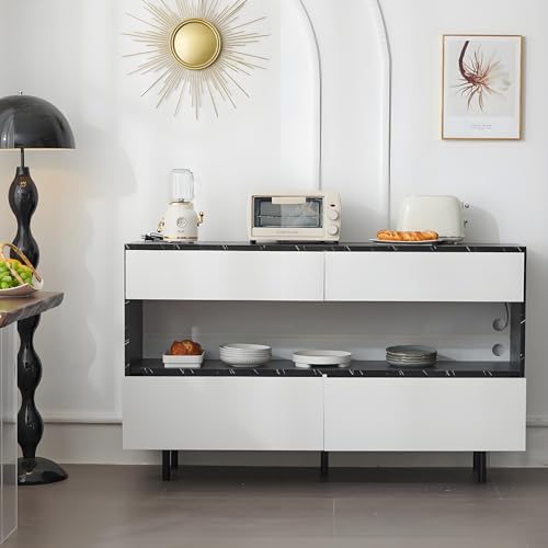 ZXSYYDS Küchen-Sideboard, Designer-Sideboard in schwarzem Marmor, LED-Beleuchtung, 4 Schubladen, stabilem Metallrahmen und Kippschutz – Wohnmöbel von ZXSYYDS
