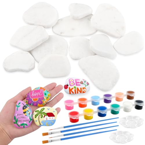 ZXShow 12 Stücke Steine zum Bemalen 3-8 cm gemalter Kieselsteine mit 12 Farben Acrylfarbe 4 Pinseln und 2 Paletten Flache Kieselsteine zum Basteln Weiße Kreatives Malset DIY Geschenkideen von ZXShow