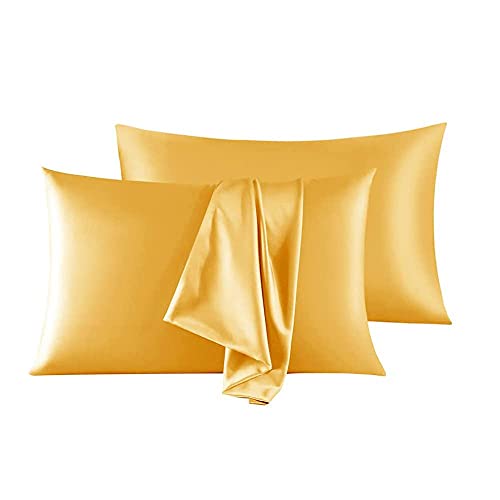 Satin Kissenbezüge Natürliche Seidenkissen Sockel 2 Stücke Super Weichem Atmungsaktives Umschlag Doppelseitig Natürliches Seidenkissen Set-Gelb_51 cm * 76 cm. von ZXTDD