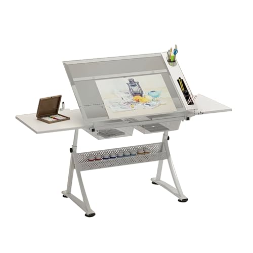 ZXTRYBHD Zeichentisch aus Glas, Höhenverstellbarer Zeichenbrett für Künstler, Staffelei Tisch mit Stauraum zum Arbeiten, Schreiben, Malen (Color : White) von ZXTRYBHD