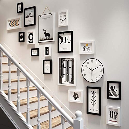 ZXW Treppenhaus-Fotowandset 18-TLG, Moderne Dekoration, hängende Bilderrahmen-Kombination zum Ändern von Fotos, 16 Rahmen und 2 Arten von Zubehör - Schwarz + Weiß von ZXW