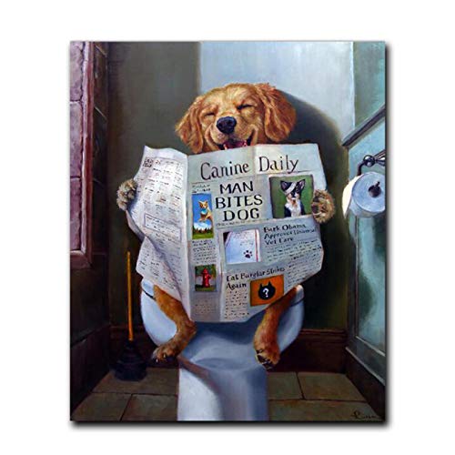 Lustiges Tierlächeln Hund lesen Zeitung Ölgemälde auf Leinwand Wandkunst Poster und druckt Bild für Badezimmer Toilette Dekoration 60x90cm rahmenlos von ZXWL