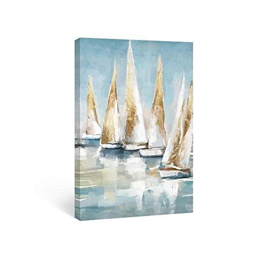 ZXWL Nautical Ocean Nursery Wandkunst Gold Blue Badezimmer Drucke Öl Segelboot Leinwand Malerei Poster für Kinder Schlafzimmer Dekor Bild 40x60cm Kein Rahmen von ZXWL