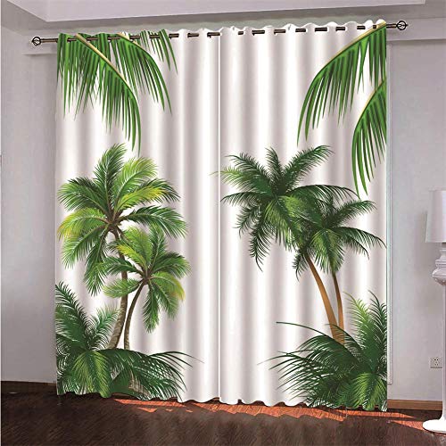 ZXYLSL 3D gedruckt Gardine Vorhänge - Palme Mit Grünem Blatt-Weiß - Verdunklungsvorhang - Ösen Verdunklungsgardine Polyester Vorhänge für Schlafzimmer 110 x 215cm x2 von ZXYLSL