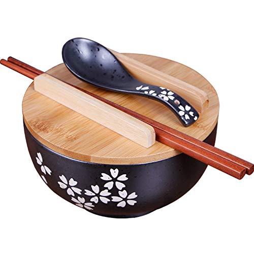 ZY&DD Japaner Stil Keramikschale,Schwarz Ramen Suppenschüssel,ESS-stäbchen Mit Deckel Retro Geschirr,Handgezeichnete Salatschüssel-schwarz 16cm(6inch) von ZY&DD